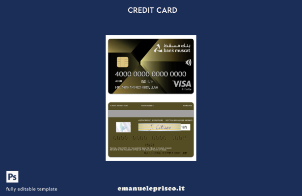 modello di carta di credito infinito per visto Oman Muscat Bank in stile verific